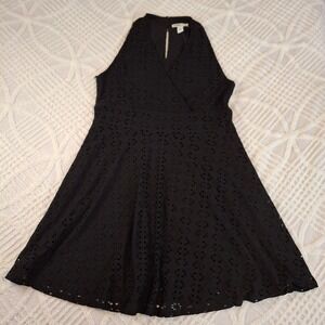 WHBM Outlet Eyelet‎ Halter Dress Black XL V-Neck Sleeveless Cotton A-Line